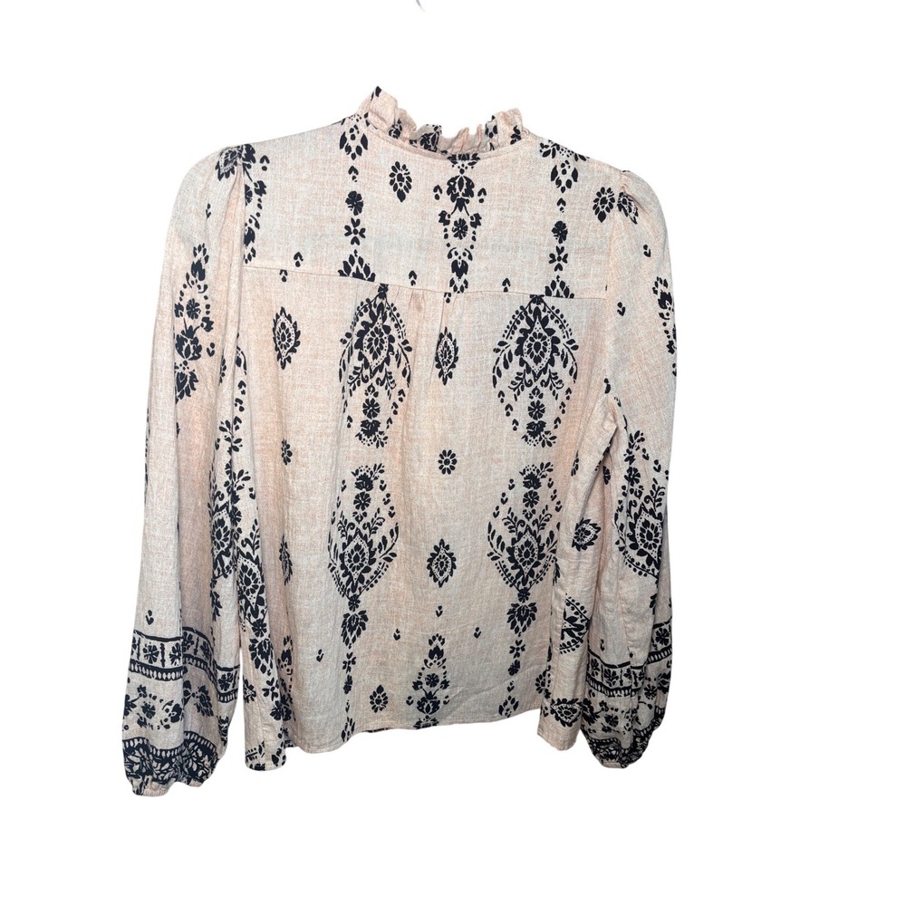 Damask Floral Ruffle Neck Boho Cottagecore Women Blouse S Beige Black - Picture 3 of 11